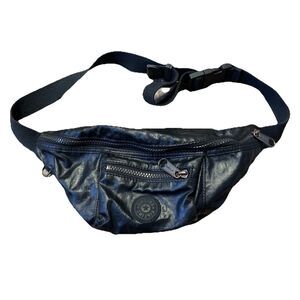 Kipling Fanny Pack Black Shiny Pleather Adjustable Belt Hip Bag Pouch Travel